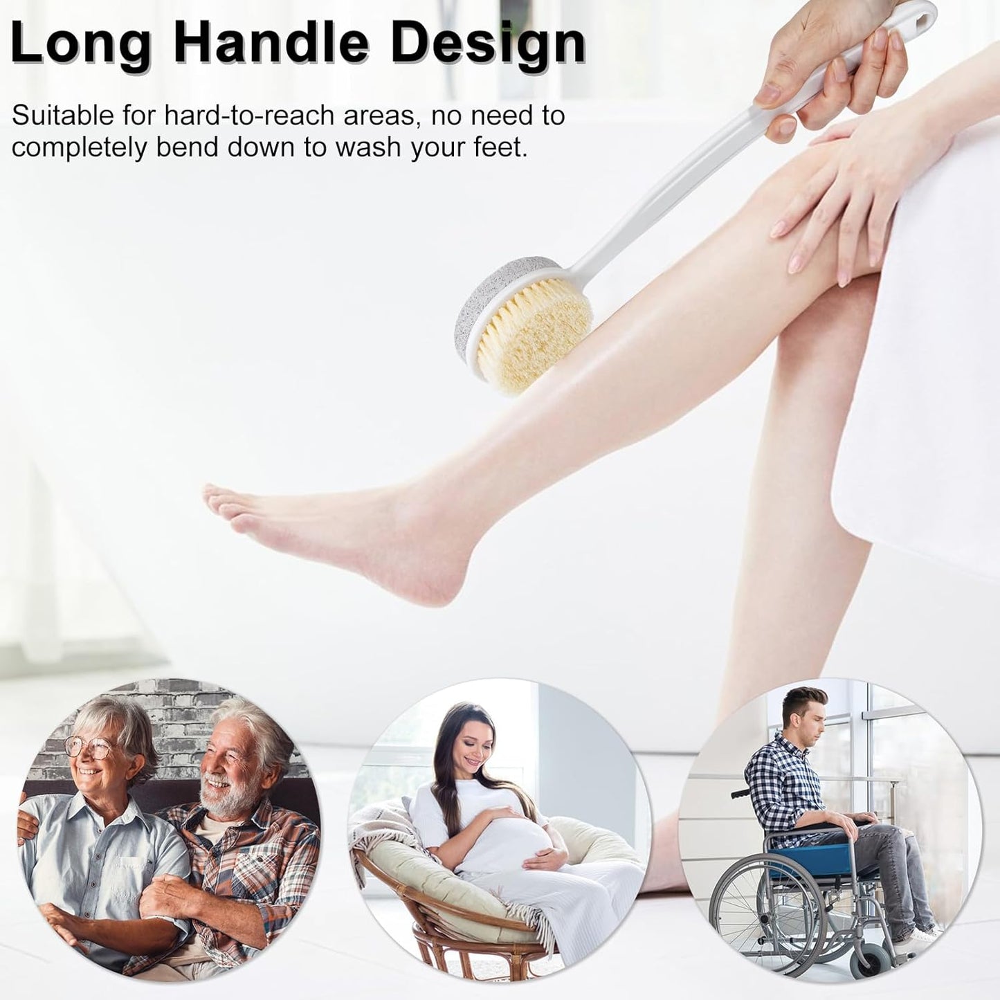 Pumice Stone and Shower Brush with Long Handle, 2 Pack Hard Skin Callus Remover, 2 in 1 Foot Scrubber, Back Scrubber for Shower Deep Cleansing and Exfoliating, Dry Brushing Body Brush (Curved)