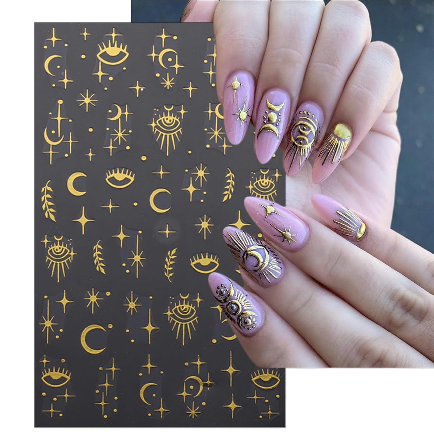 8 Sheets Gold Sun Nail Art Stickers - Sliver Moon Star Self-Adhesive 3D Nail Decals for DIY Golden Slivery Manicure
