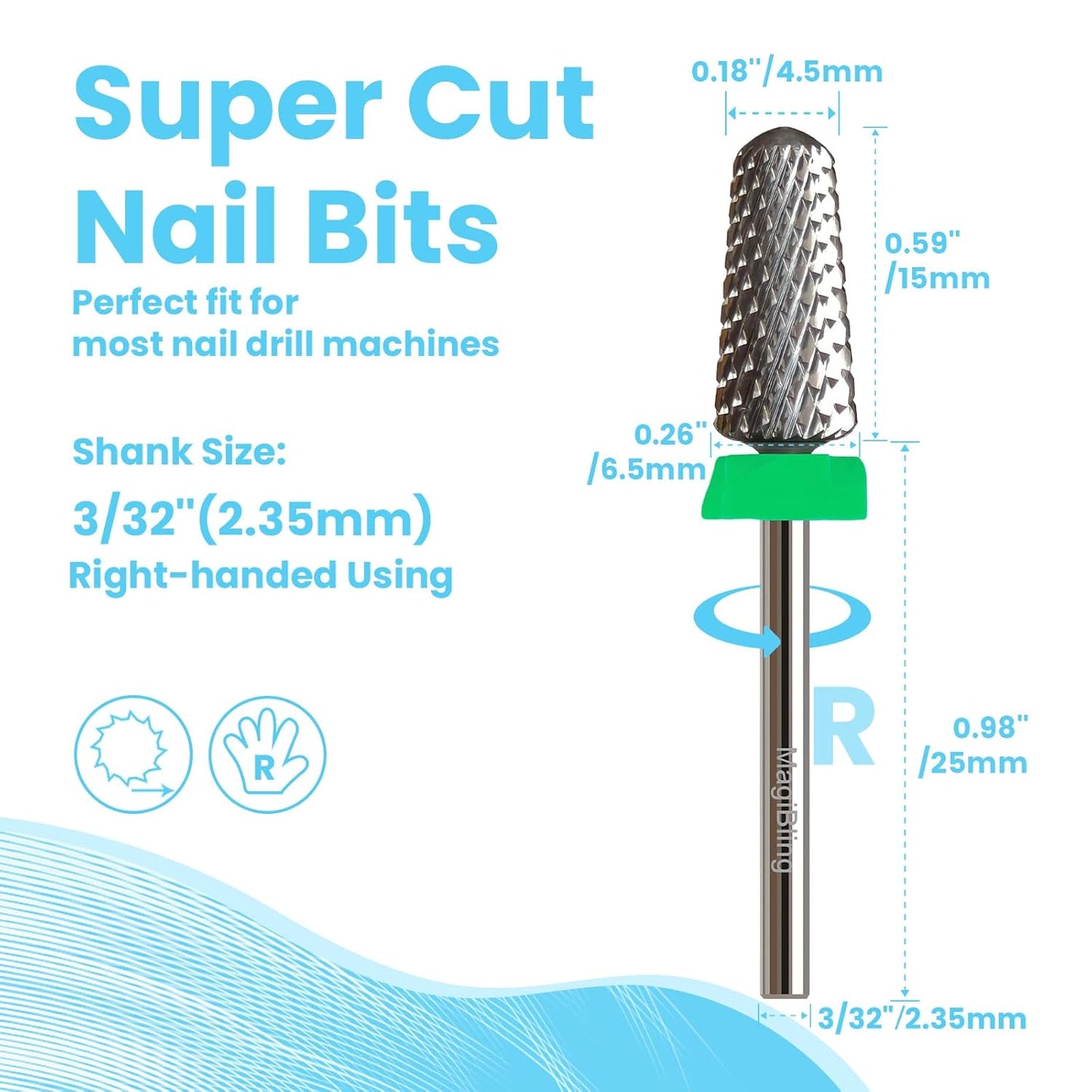 Super Cut Tapered Barrel 3/32'' Safety Tungsten Nail Drill Bits, Remove Gel Fast, Right handed, Suitable for Manicure Pedicure Cuticle Gel Polishing, Technicians Bits, Grit: Coarse.