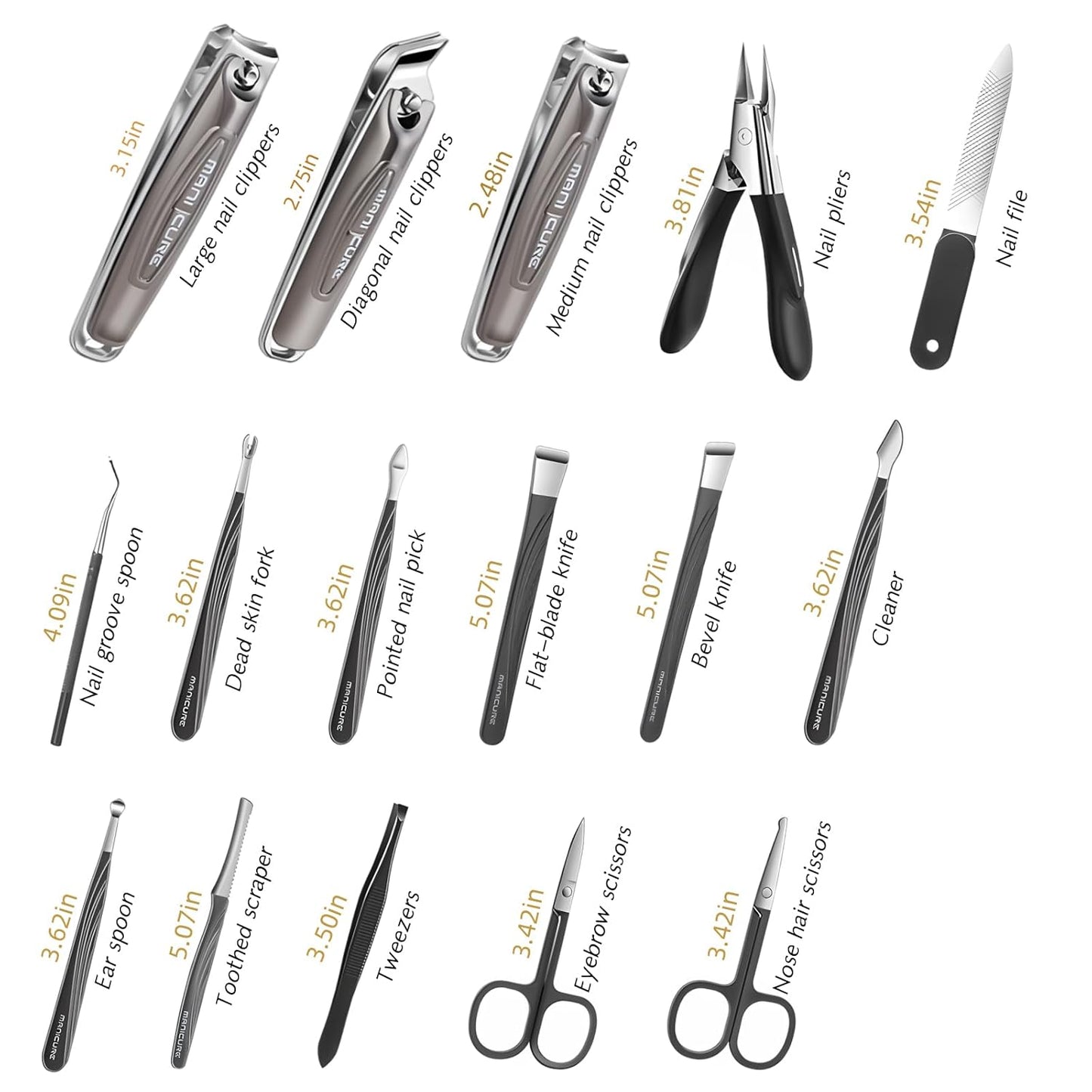 Manicure Set Professional Nail Clippers Pedicure Kit, 16 pcs Stainless Steel Nail Care Tools Grooming Kit with Storage Bag for Men Women Gift