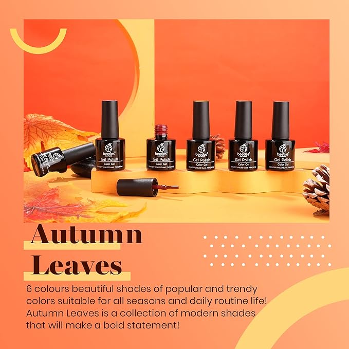 Beetles Fall Gel Polish Set - Burnt Orange Gel Polish Autumn Leaves Collection, Brown Burgundy Glitter Black Colors Nail Art Soak Off Uv LED Nail Kit Minicure DIY Home Halloween Gifts for Women