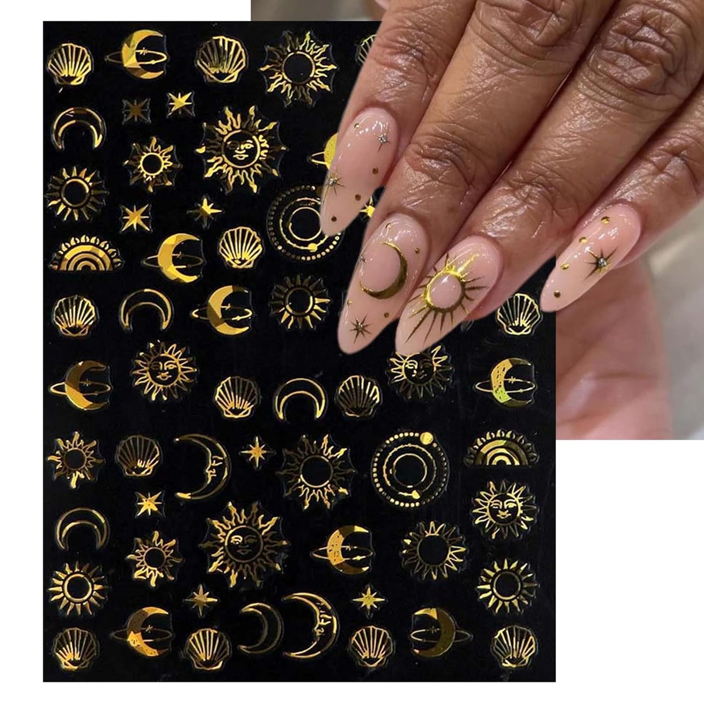 Gold Sun Nail Art Stickers - Sliver Moon Star Self-Adhesive 3D Nail Decals for DIY Golden Slivery Manicure (6 Sheets)