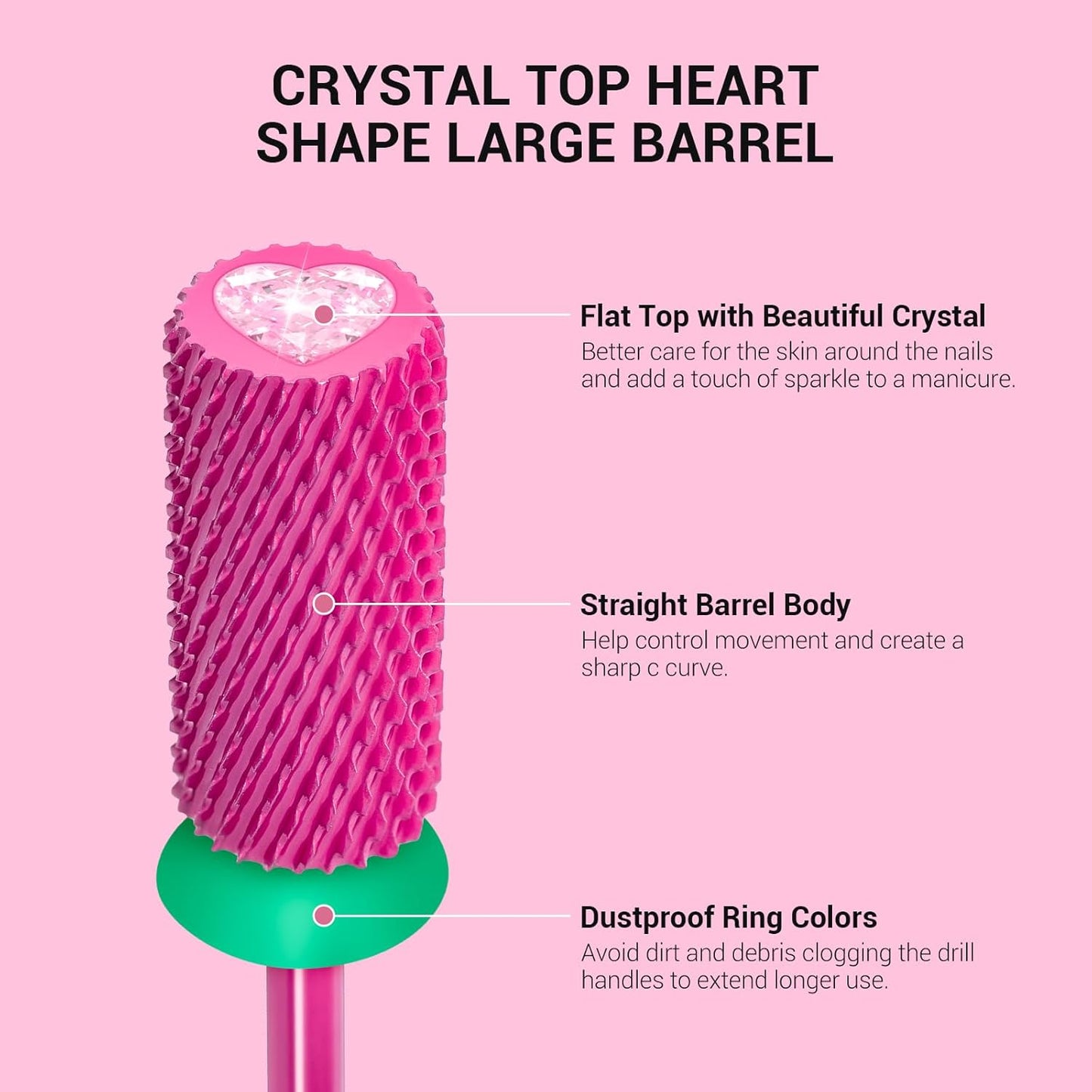 MelodySusie Large Barrel 3/32'' Tungsten Carbide Nail Drill Bit, Crystal Top Pink Heart Shape, Fast Remove Acrylic Gel, Cuticle Gel Polishing for Manicure Pedicure, Pink Blossom, Series Bit-S, Coarse