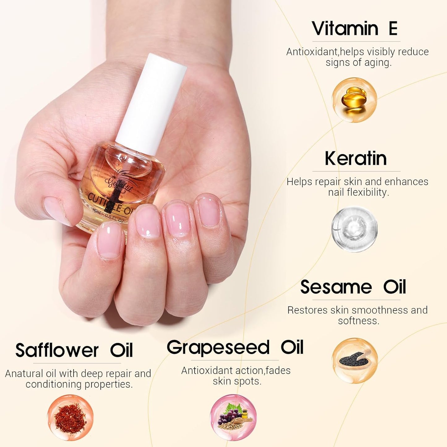 Cuticle Oil, 15ml Cuticle Oil for Nails on Brush with Vitamin E & Rose Oil, Nourishing, Strengthening, Moisturizing, Repairs Dry Cuticles & Damaged Nails, Fast Absorbing Nail Treatment
