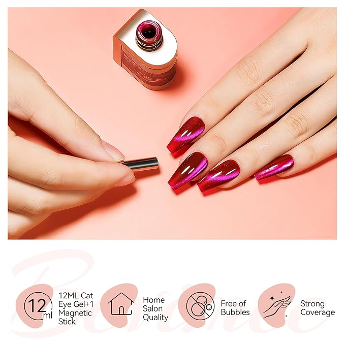 Cat Eye Gel Polish - Holographic Magnetic Nail Polish With Magnet, Jelly Hot Pink/Red Color Translucent UV Gel Crystal Manicure Salon DIY At Home, 12ml