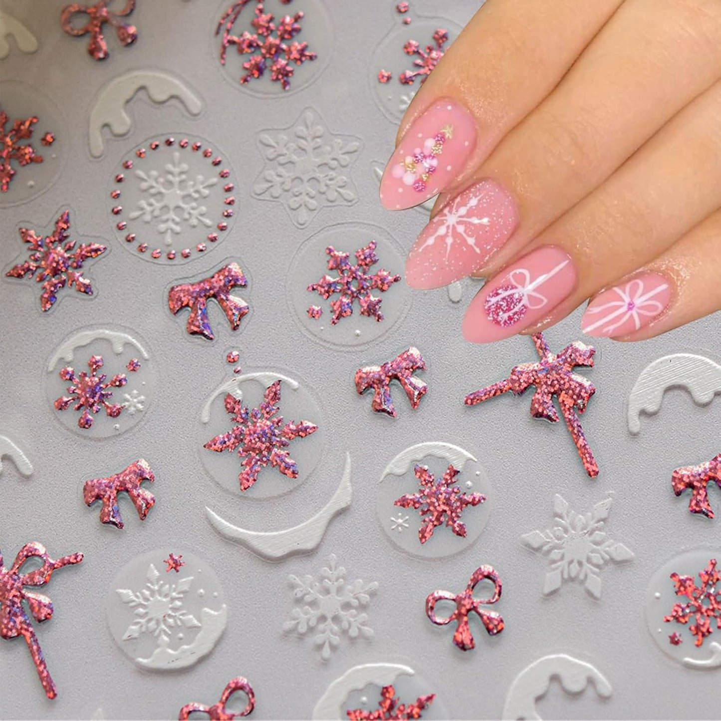 JMEOWIO 3D Embossed Christmas Glitter Snowflake Nail Art Stickers Decals Self-Adhesive 5D Nail Supplies Nail Art Design Decoration Accessories 1 Sheets