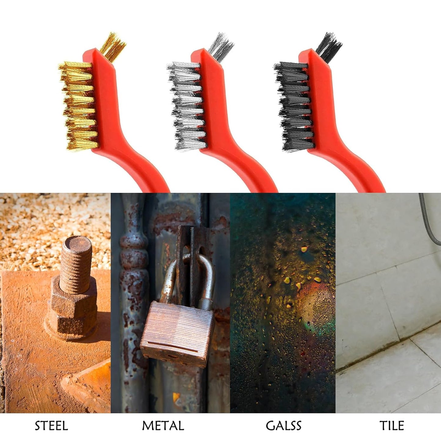 Wire Brush 3Pcs Metal Scrubber - Nylon/Brass/Stainless Steel Bristles with Curved Handle Grip for Cleaning Rust Removal, Dirt, Paint Scrubbing with Deep Cleaning – 7 Inches