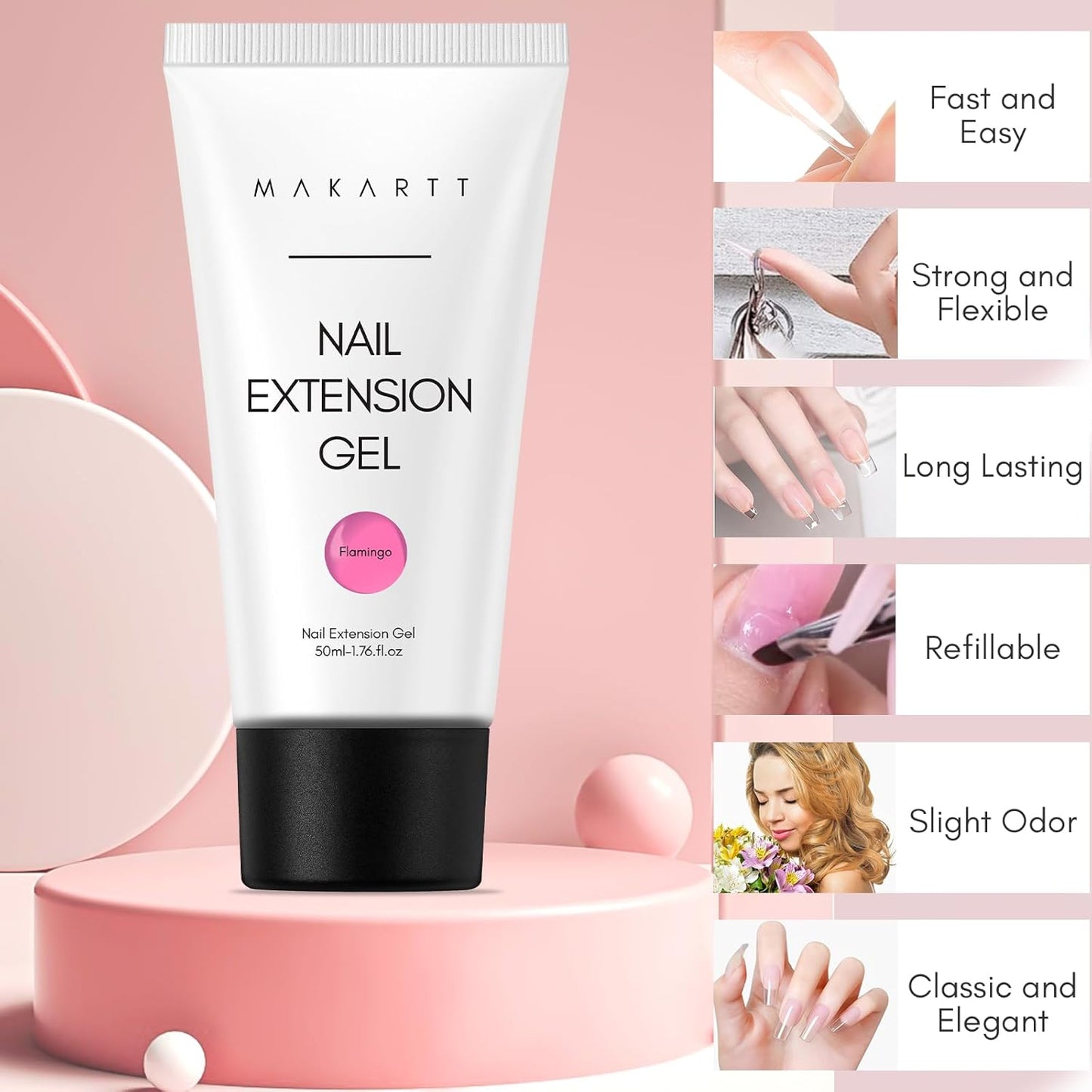 Makartt Poly Nail Gel, Hema-Free Gel Builder for Extension, Dark Hot Pink Color 50ML, Natural-Looking Strengthener 3D Diy Hard Gel Salon Manicures Supplies At Home-Flamingo