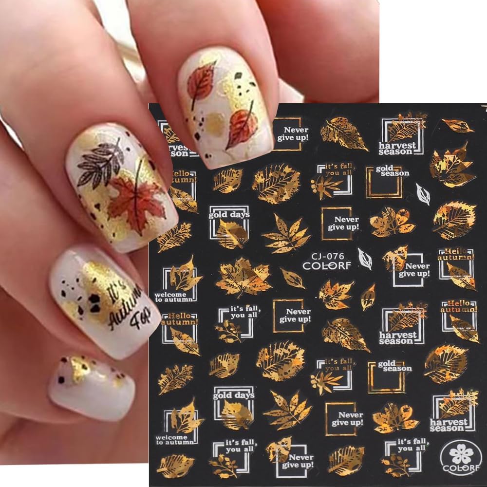 Maple Leaf Nail Art Stickers Decals Fall Nail Stickers 6PCS Golden Autumn Leaves Pine Nut Squirrel Autumn Nails Design Thanksgiving Day Nail Art Supplies Fall Stickers for Nails Manicure Decor