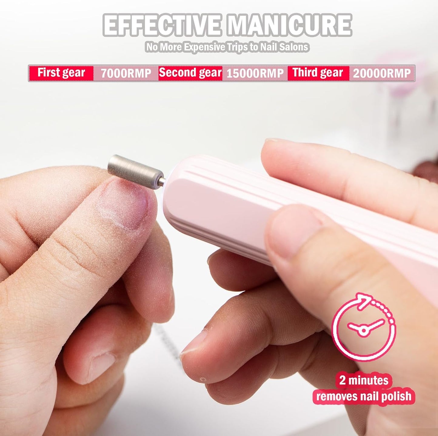 Professional Nail Drill Set, 2,0000 RPM Electric Nail File with 12 Grinding Head & 100Pcs Sanding Bands for Acrylic Gel Nails, Manicure and Polishing (Pink)