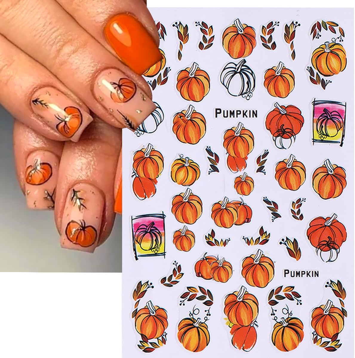 6 Sheets Fall Nail Stickers for Nail Art Pumpkin Maple Leaf Nail Decals 3D Self-Adhesive Thanksgiving Flower Leaves Design Nail Stickers Holiday Nail Art Supplies for Women Autumn Nail Art Decoration