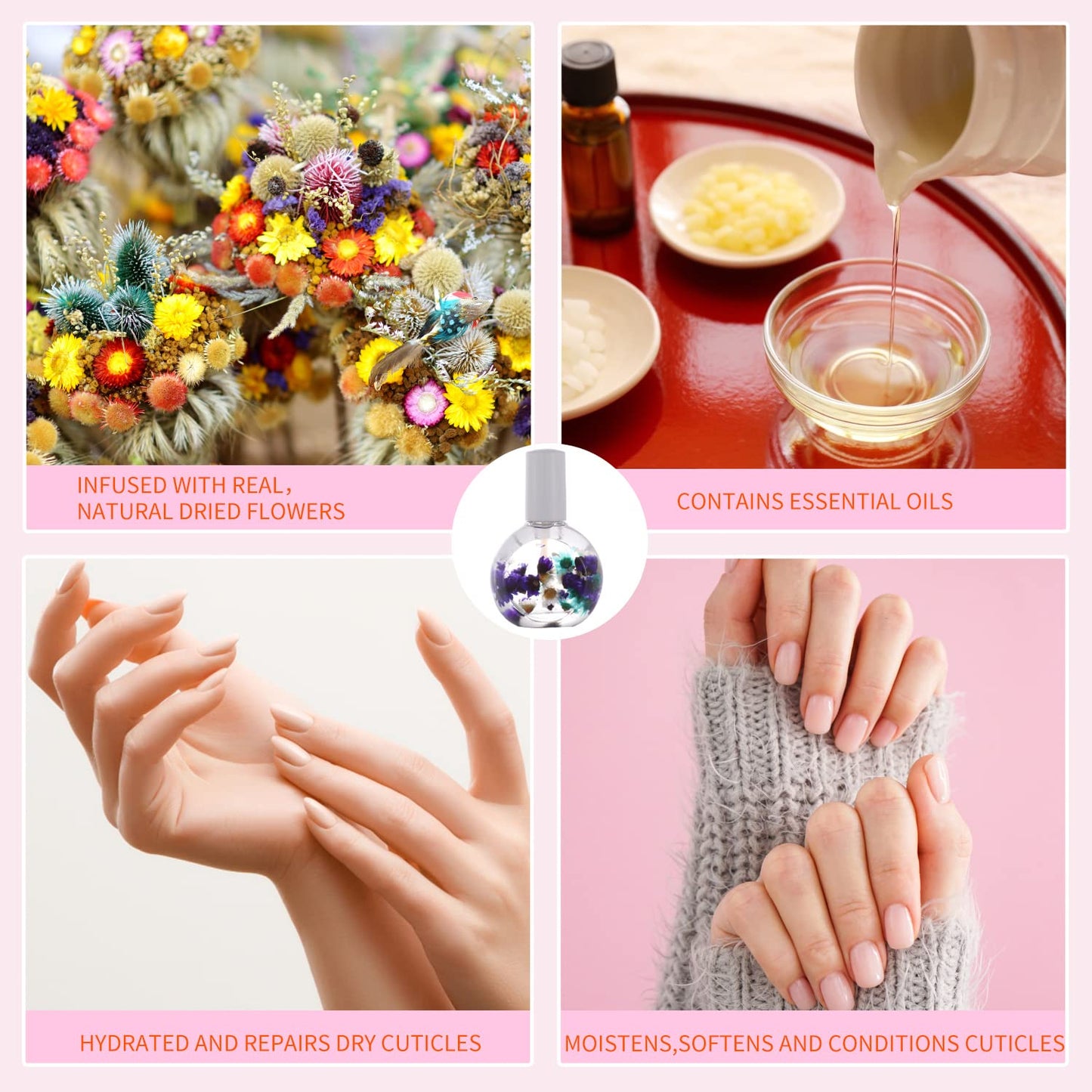 FLOWER Essence Cuticle Oil. Use natural ingredients and vitamin E to moisturize and activate the cracked and hard stratum corneum. 0.92 oz