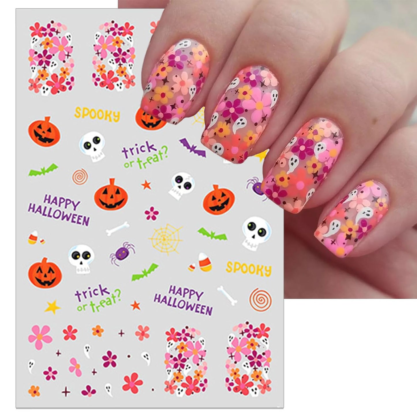 Halloween Nail Art Stickers, Pink Pumpkin Nail Decals, 3D Self-Adhesive Spider-Web Bat Design for DIY Nail Supplies Decoration (4 Sheets)