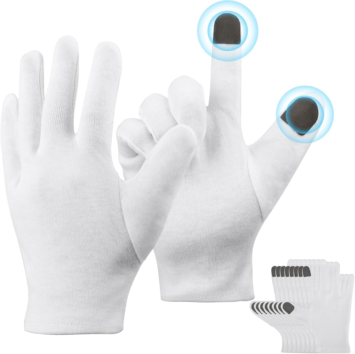 Touch Screen Gloves - 5 Pairs Small White Cotton Gloves for Art Handling, Coin Handling, Jewelry, Photography, Dry Hands Sleeping, with Pack of 20 Touch Screen Stickers