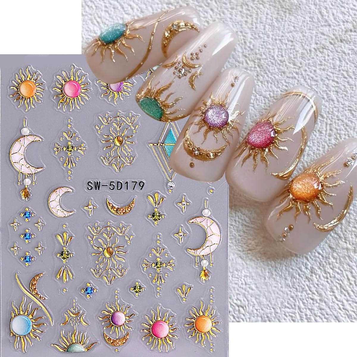 2 Sheets Bohemian Style Nail Decals Embossed Star Nail Art Stickers 5D Self-Adhesive Sun Moon Nail Stickers Bohemia Nail Designs Decals Stars Nail Decoration for Women Girls Nail Art Supplies