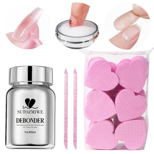 Nail Adhesive Debonder With Pink Heart-Shaped Sponges, Stick Press-on Nail Remover Kit, 100ml Gel Glue Remover False Nail Tips Soaking Solution Nails Reusable