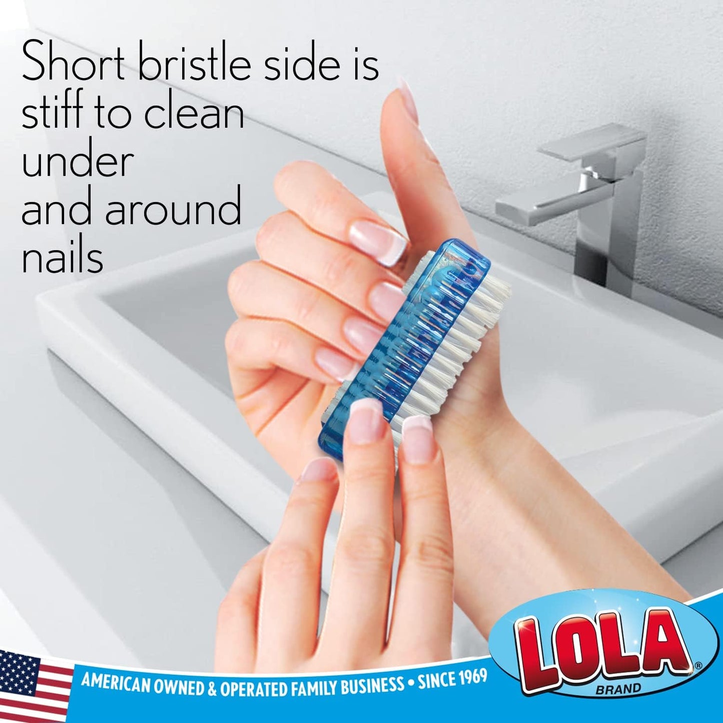 LOLA Classic Hand & Nail Brush, 2 Sided - 3 Pack, Soft & Stiff, Comfortable No-Slip Grip, Cleans Hands & Fingernails, Assorted Colors