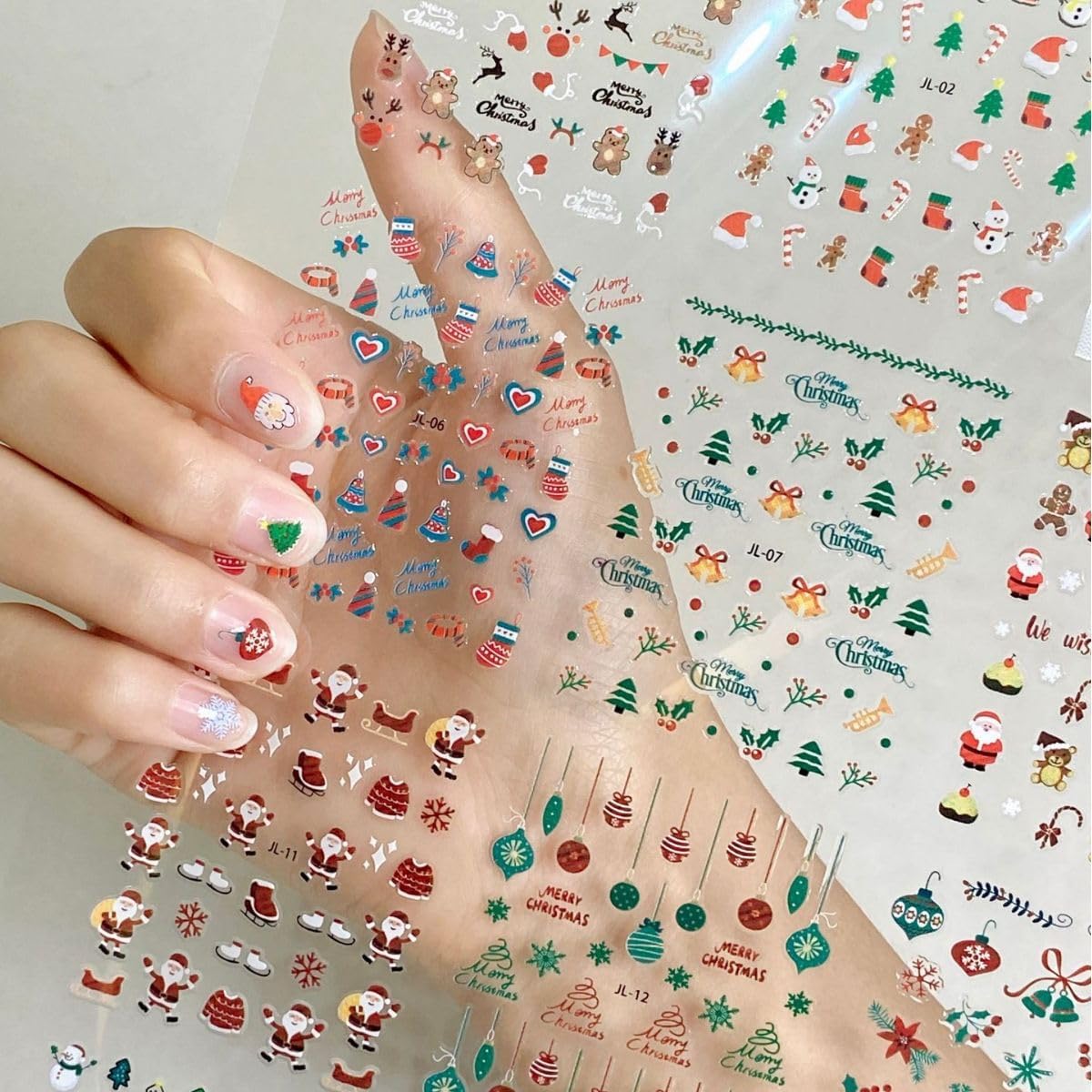 30 Sheets Christmas Nail Art Stickers 3D Self Adhesive Christmas Nail Decals Santa Claus Elk Snowman Christmas Tree Nail Art Supplies Winter Nail Stickers for Women DIY Acrylic Nail Decorations