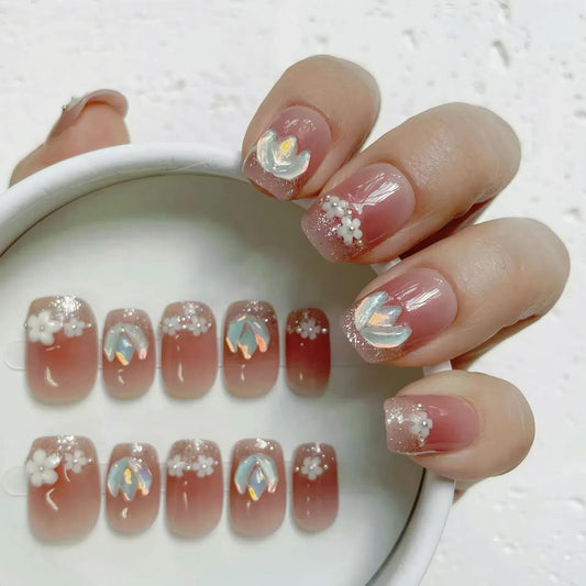 Tomato Red Short Squoval Press on Nails 30pcs with 3D Floral Design, Soft Fit Back, Durable Front Edge, Reusable Full Cover Fake Nails for Daily, Party, Wedding