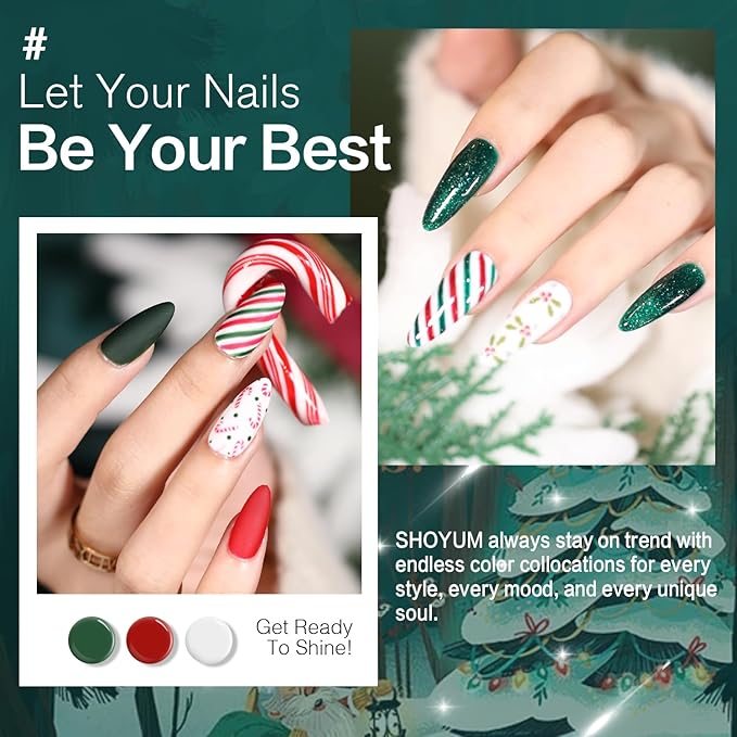 Christmas Day Gel Nail Polish Set - 10 Color Gel Polish Set with Red, White, Green, Gold, Silver Glitter & Sparkle. Soak Off Nail Art Manicure DIY Gifts for Women