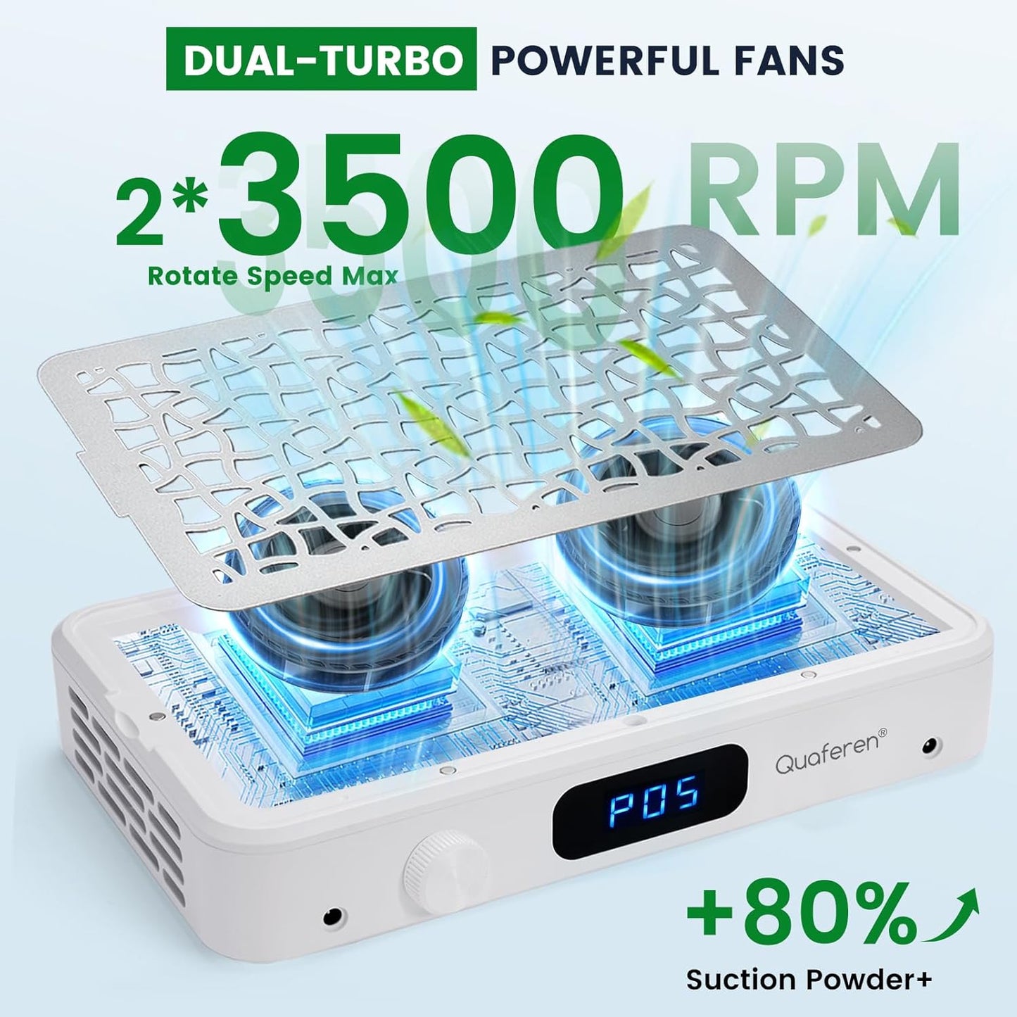Quaferen Nail Dust Collector: Professional Dual Turbo Nail Vacuum Dust Collector with 5 Speed Powerful Dust Suction LED Display Reusable Filter for Acrylic Nail Polishing, Salon & Home