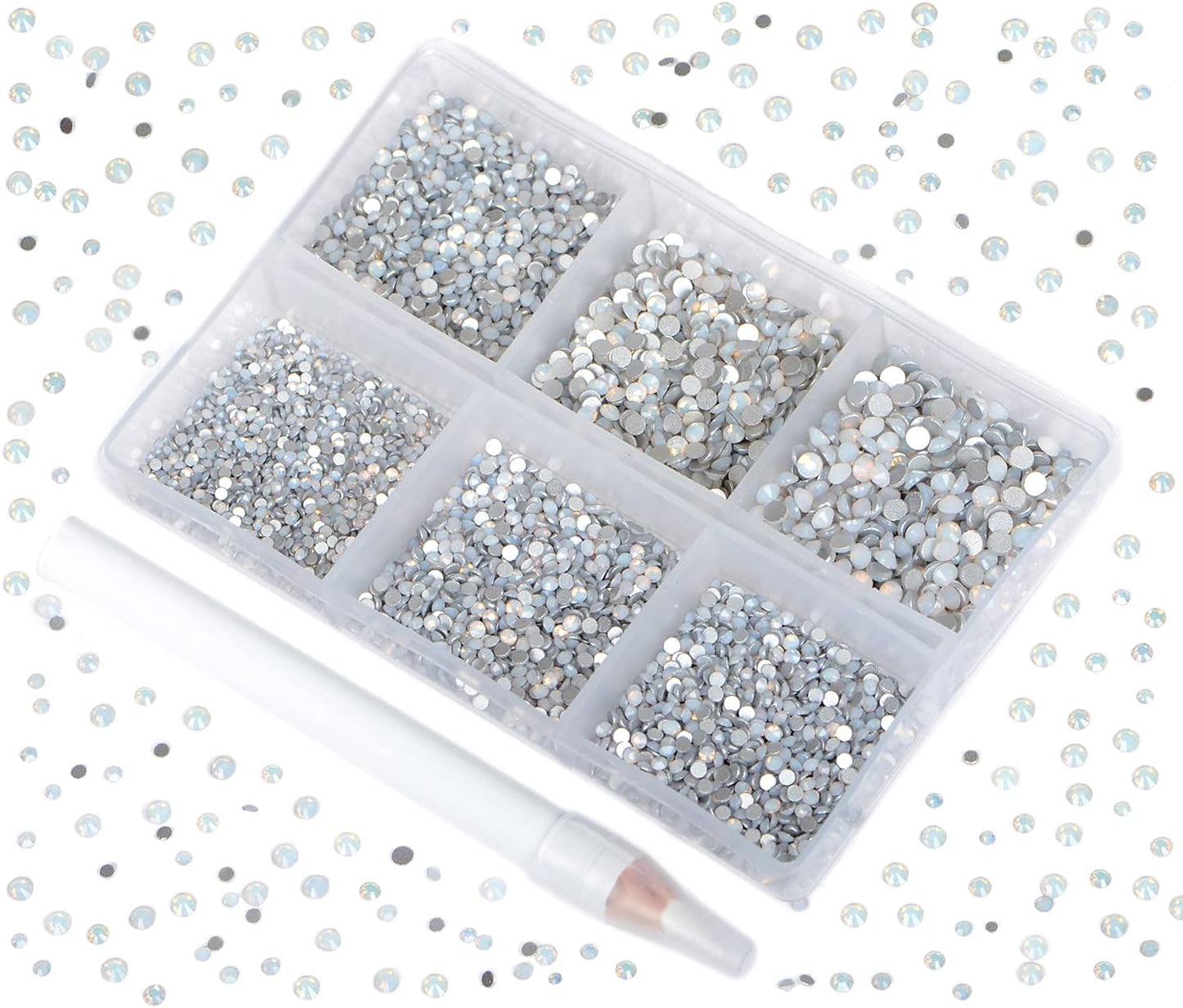 Bymitel 7200 Pieces 6 Mixed Sizes Glue Fix on Glass Rhinestones Round Crystal Gems Flatback for DIY Jewelry Making with one Picking Pen(6-Sizes 7200PCS, White Opal)