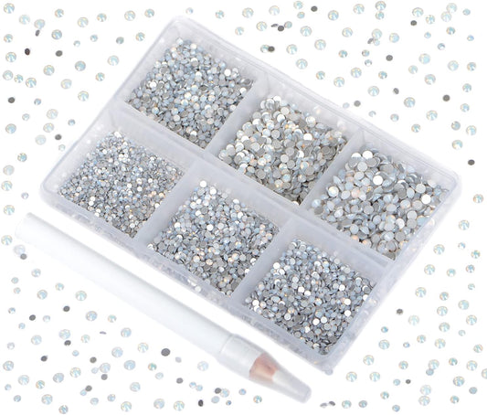 Bymitel 7200 Pieces 6 Mixed Sizes Glue Fix on Glass Rhinestones Round Crystal Gems Flatback for DIY Jewelry Making with one Picking Pen(6-Sizes 7200PCS, White Opal)