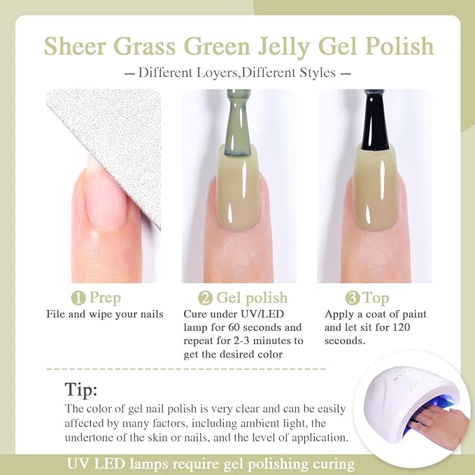 Jelly Grass Green Gel Nail Polish, 15ml Sheer Translucent Soak Off Gel Polish, UV Light Cure for Nail Art DIY
