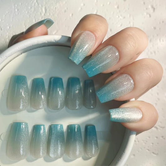 Press on Nails – 30PCS Medium Coffin Cat Eye Fake Nails with 12 Sizes – Gradient Blue Green Glossy Nails for Women – Reusable Glue-On Nails for All Occasions