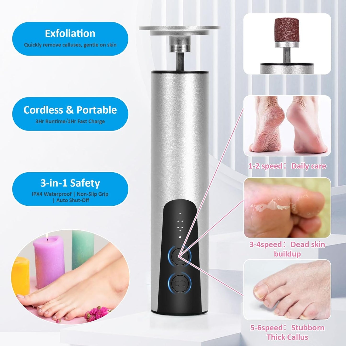 Electric Callus Remover for Feet, 6-Speed Pedicure Tool with 2-in-1 Rechargeable Foot File Callus Remover with USB Charging & 3 Types of Sandpaper, Dead Skin Remover for Dry Cracked Heels (Silver)