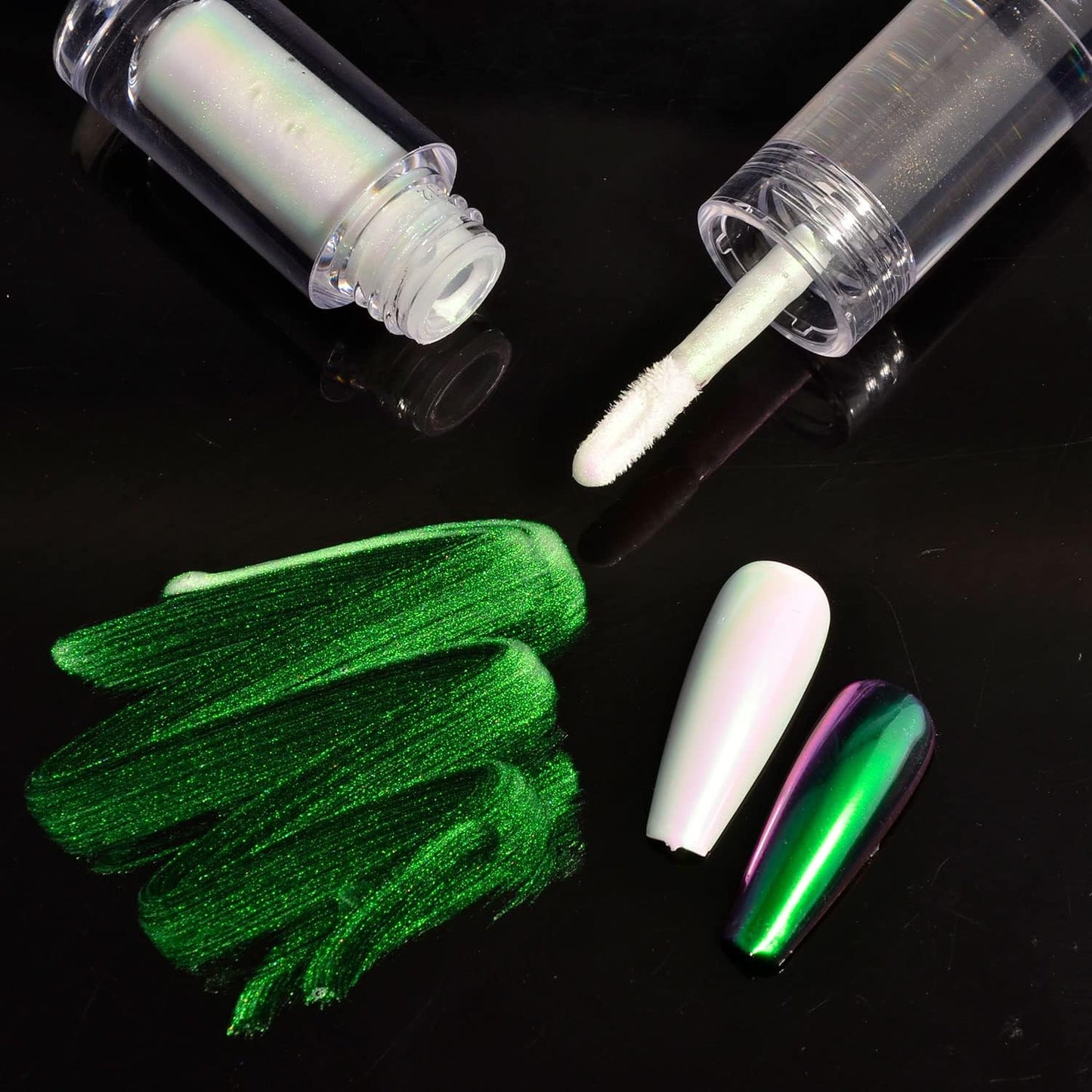 Chrome Nail Powder Aurora Mirror Effect Mermaid Pearl Glitter Iridescent Gel Nail Polish for Nail Art DIY Decoration (Green Iridescent)