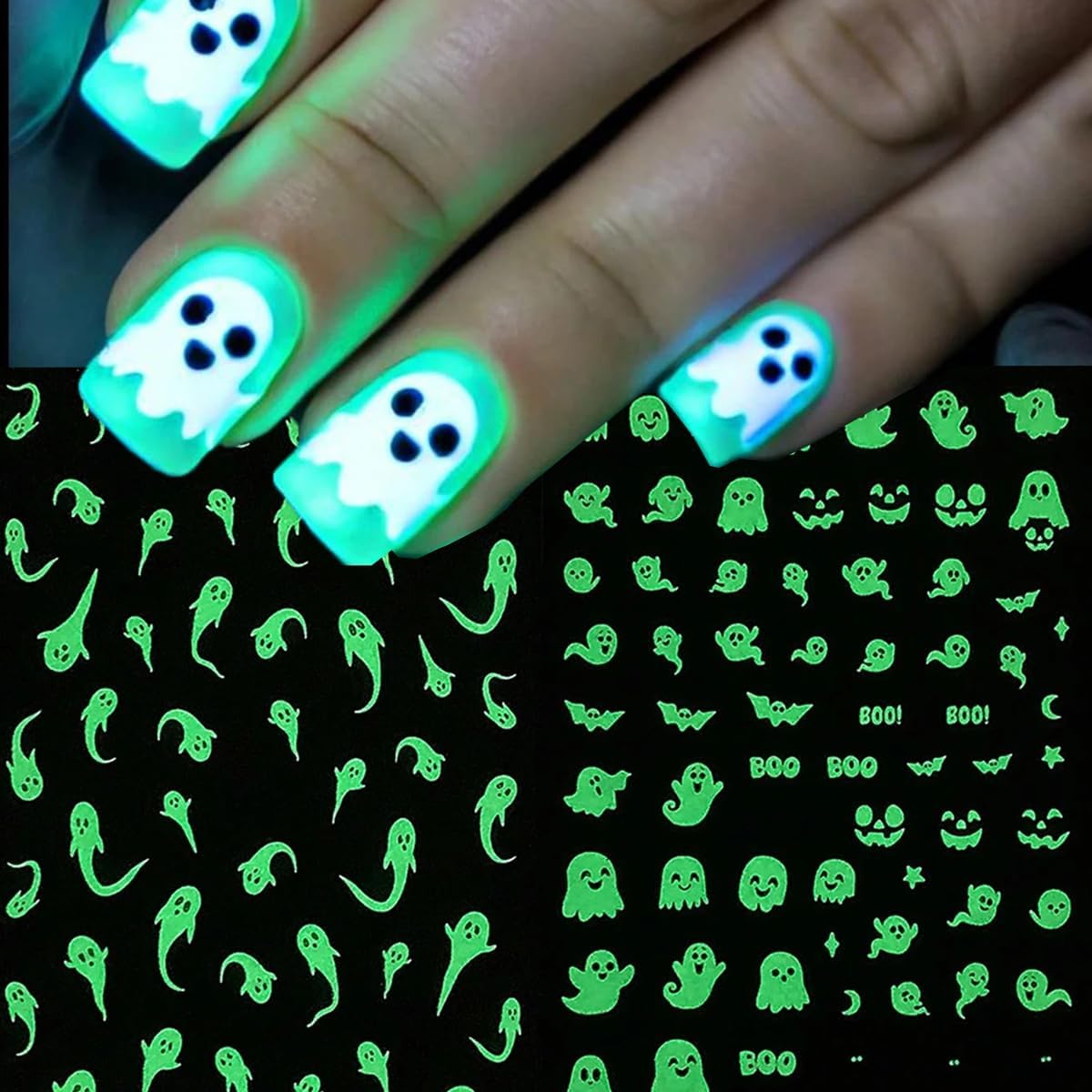 Halloween Nail Art Stickers Decals 3D Cute Luminous Ghost Nail Stickers 6PCS Glow in The Dark Bat Boo Ghost Design Halloween Nails Adhesive Sticker Manicure Nail Art Supplies for Nail Decorations