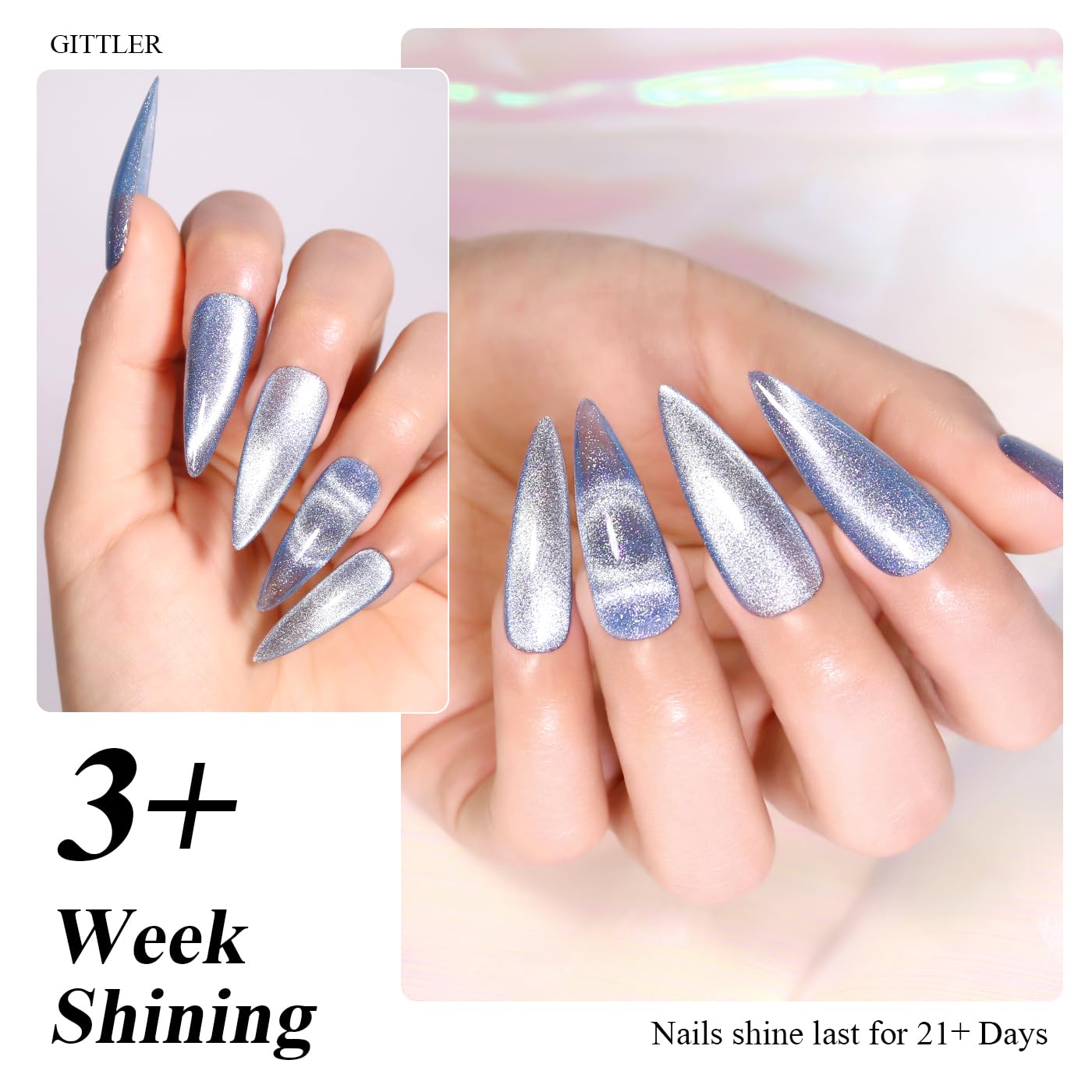 Imtiti Cat Eye Gel Nail Polish, 15ML Blue Holographic Glitter Cat Eye Gel Polish with Magnet UV LED Magnetic Gel Nail Polish Crystal Galaxy Sparkly Home DIY Manicure Nail Salon Kit