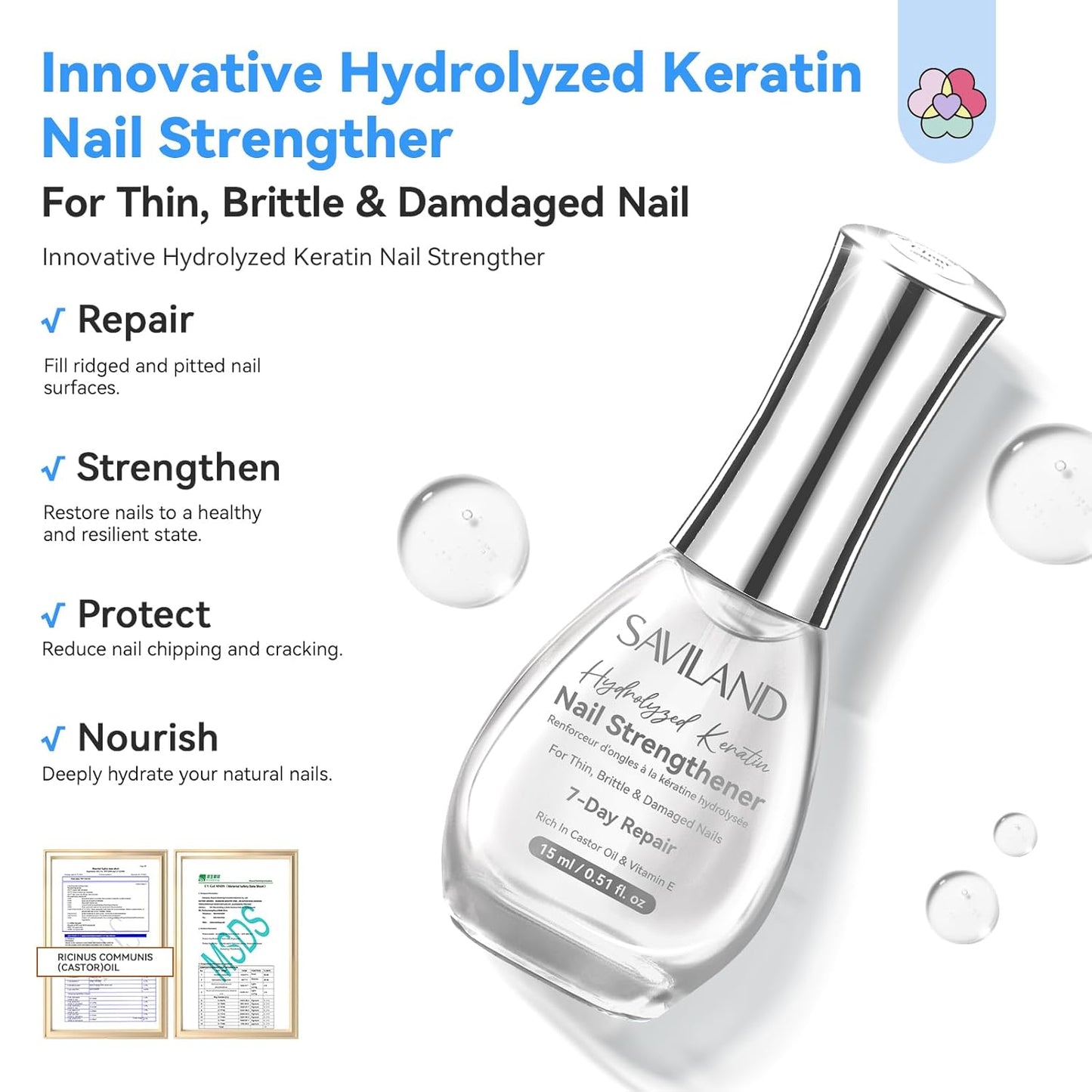 SAVILAND Nail Strengthener: Clear Air Fast Dry Nail Growth for Damaged Nails Transparent Neutral Nail Polish Strengthening Repair Weak & Thin Nails Treatment with Castor Oil Vitamin E 15ml Women Gift