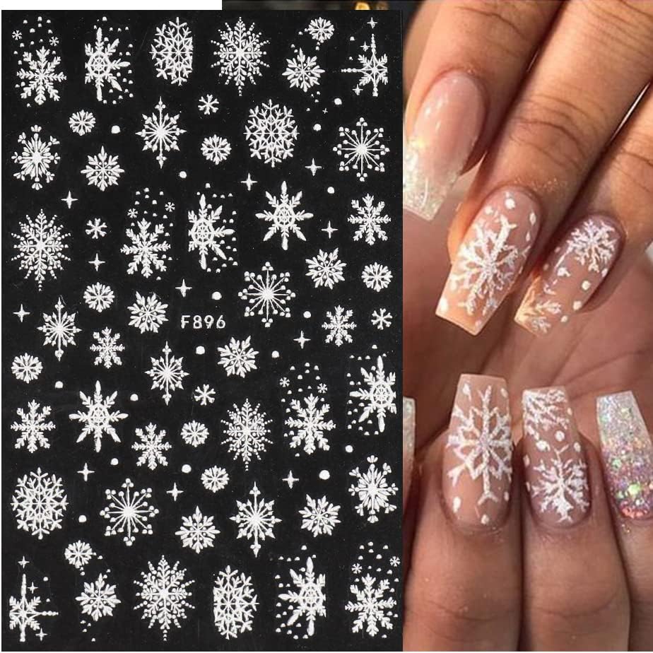 8 Sheets Christmas Nail Art Stickers Decals Self-Adhesive Holiday White Snowflakes Winter Nail Supplies Nail Art Design Decoration Accessories