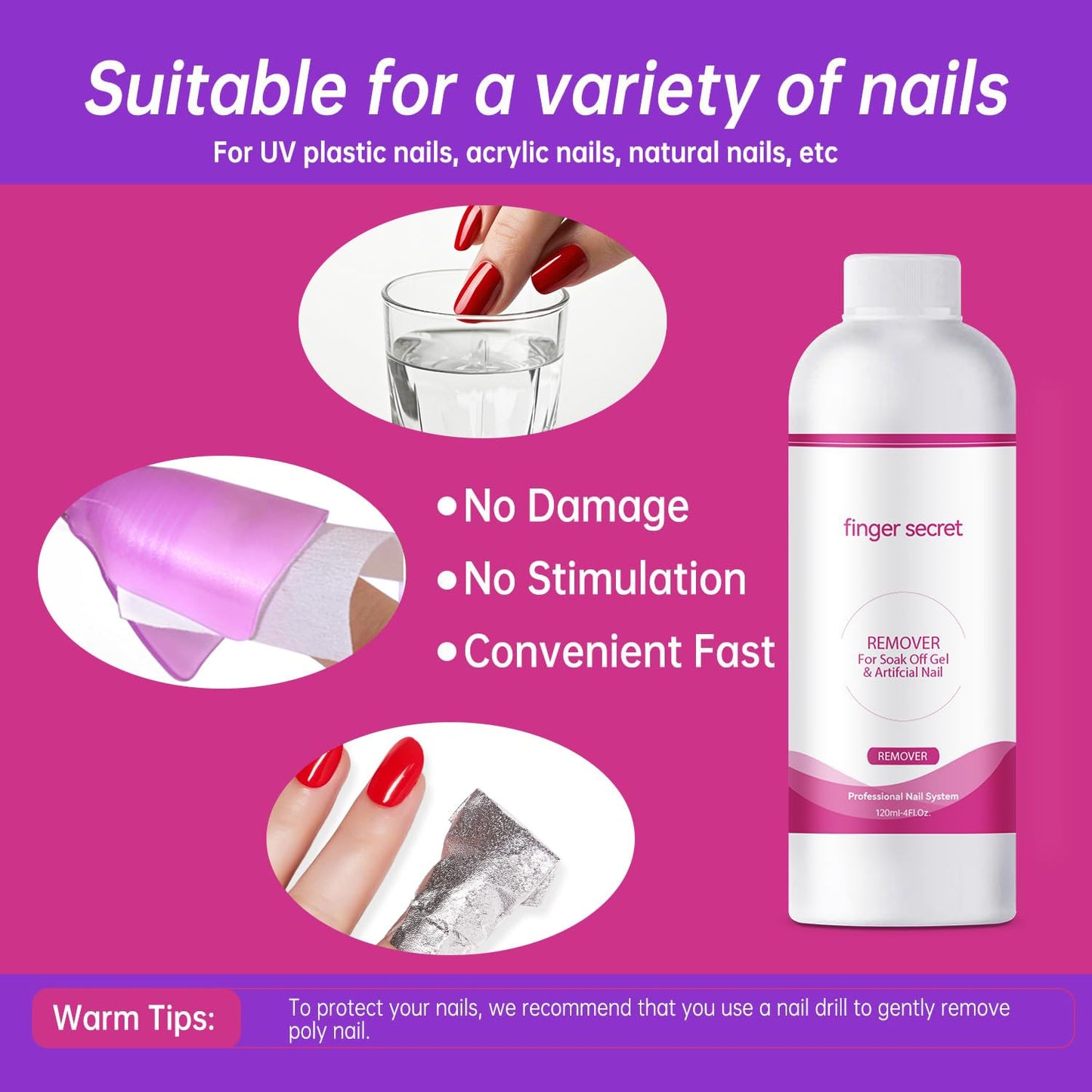 Nail Polish Gel Remover Kit with Glass Cup and 50 Cotton Pads - Professional Fingernail Polish Remover for Soak Off Gel&Artificial Nail.120ml/4oz