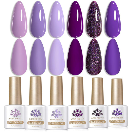 BORN PRETTY Purple Gel Nail Polish Set 6 Colors Lavender Purple Dark Purple Gliiter Nail Gel Kit Soak Off Nail Art Manicure Design Home Salon Holiday Gift