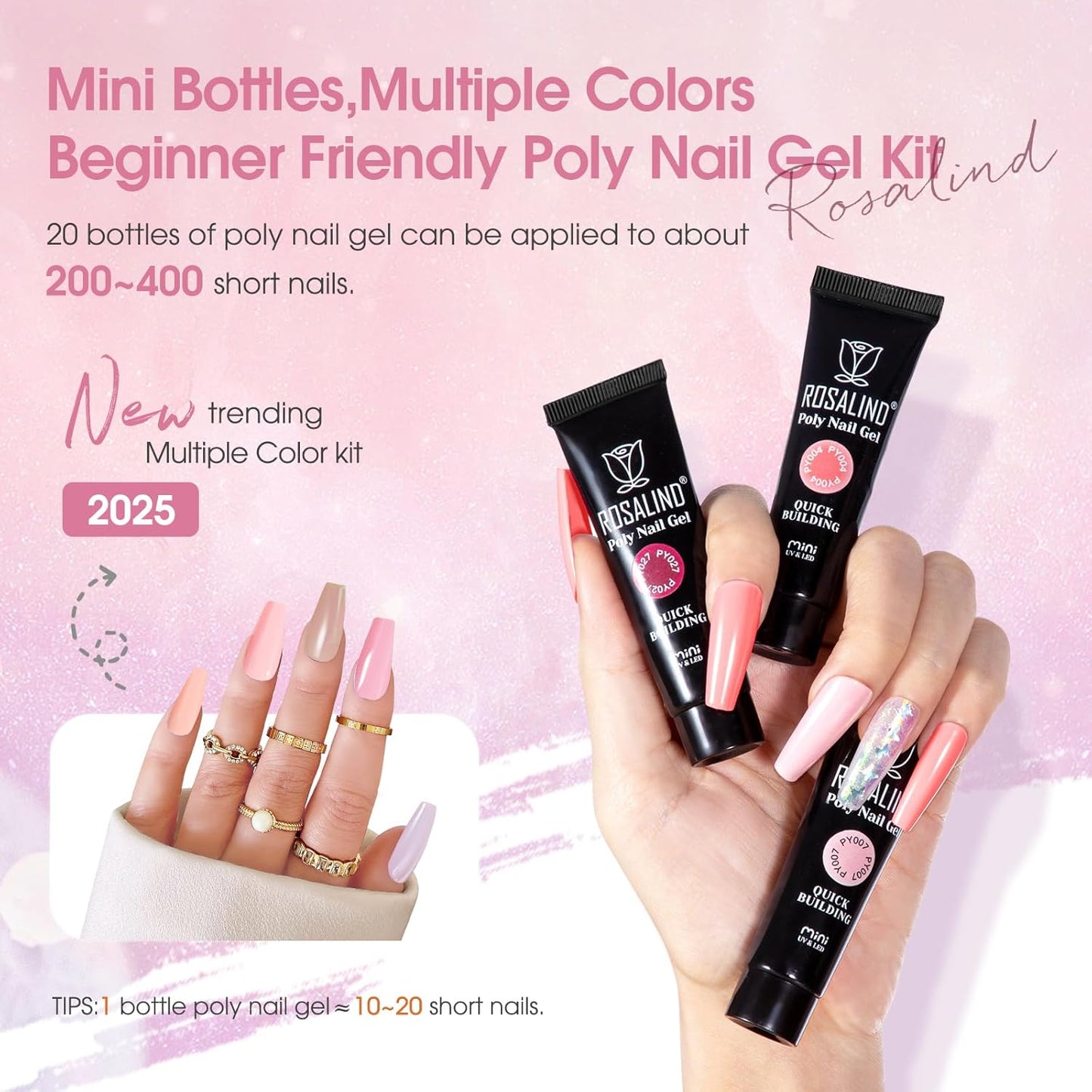 ROSALIND Light Pink Nude Poly Nail Gel Kit 0.34 oz/10 ml - 20 Colors White Brown Poly Extension Gel with Mini U V Lamp Builder Nail Gels Starter Kit with Nails Forms Base Coat Coat Beginners Set