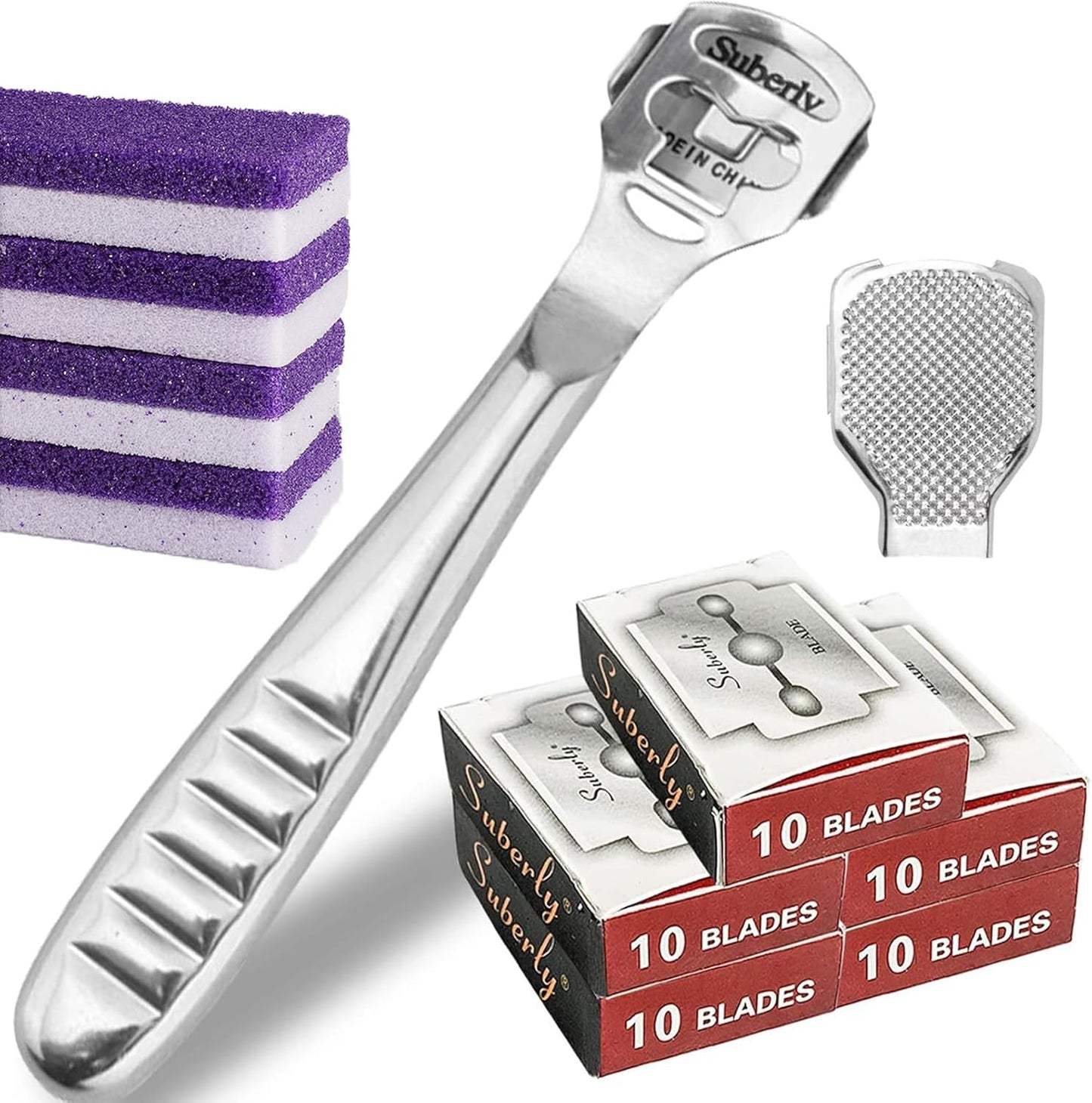 56 Pcs Callus Shaver Set,1 Stainless Steel Foot Razor with 50 Replacement Slices Blades,1 Foot File Head Foot Care Tools,4 Purple Foot Scrubbing Stones,Foot Shaver Callus Remover for Hand Feet