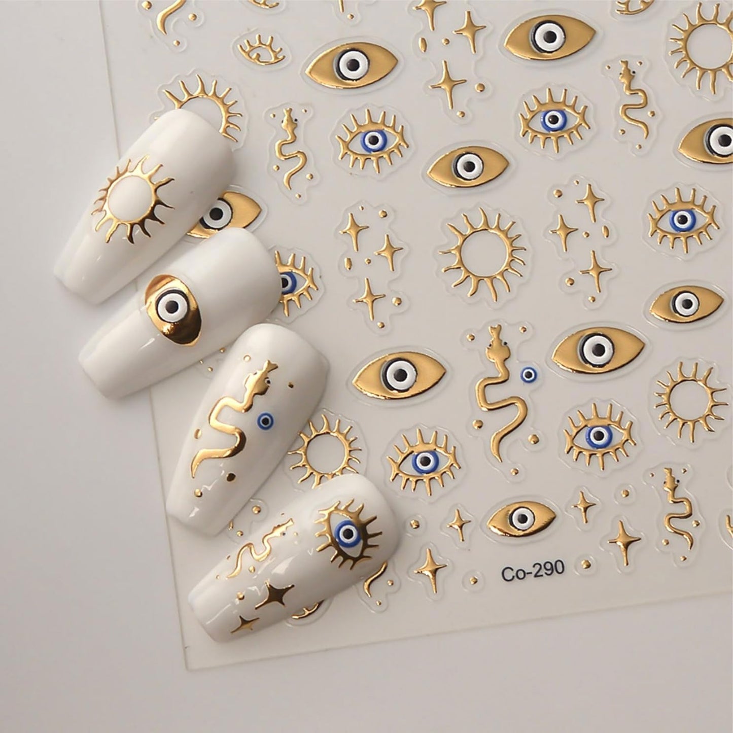 Gold Nail Stickers Evil Eye Nail Art Stickers 5D Embossed Nail Decals Gold Star Snake Design Nails Supplies for Women DIY Nail Art