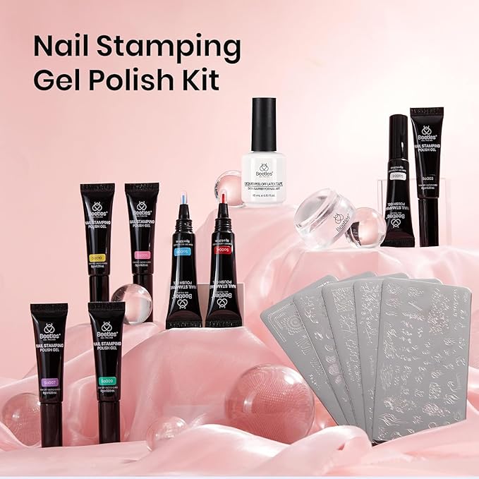 Beetles Nail Stamp Gel 16Pcs French Tip Nail Stamp Kit with 8 Colors Stamper Gel Polish, 5 Nail Stamping Templates, Scrapers, Liquid Latex & Short Silicone Stamper Gift for Women