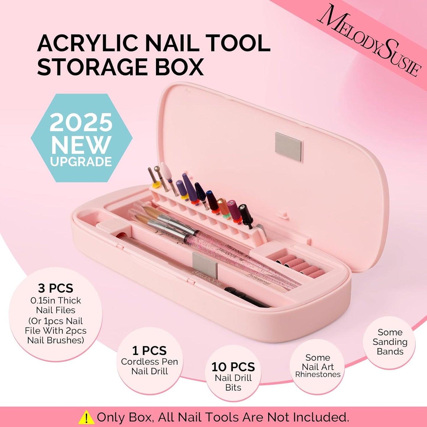 [2025 Upgraded]MelodySusie Acrylic Nail Tool Storage Box,Portable Dustproof Stand Displayer Holder Organizer Container Manicure Efile Accessories Nail Drill Kit Case,Travel Salon Home,Pink(Only Box)