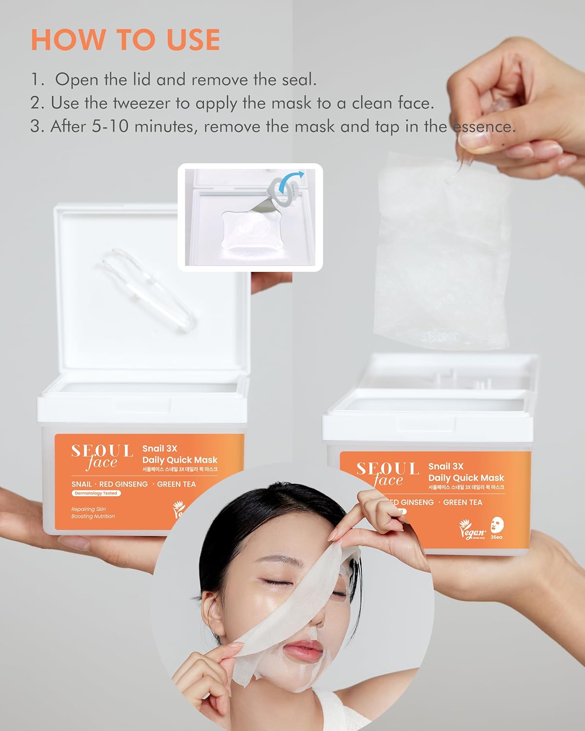 DERMAL Seoul Face Snail 3X Daily Quick Mask 36 Sheet – Korean Skincare Vegan Tencel Facial Masks - Skin Repairing, Anti Aging Face Mask Sheets with Ginseng Root, Green Tea Leaf Extract
