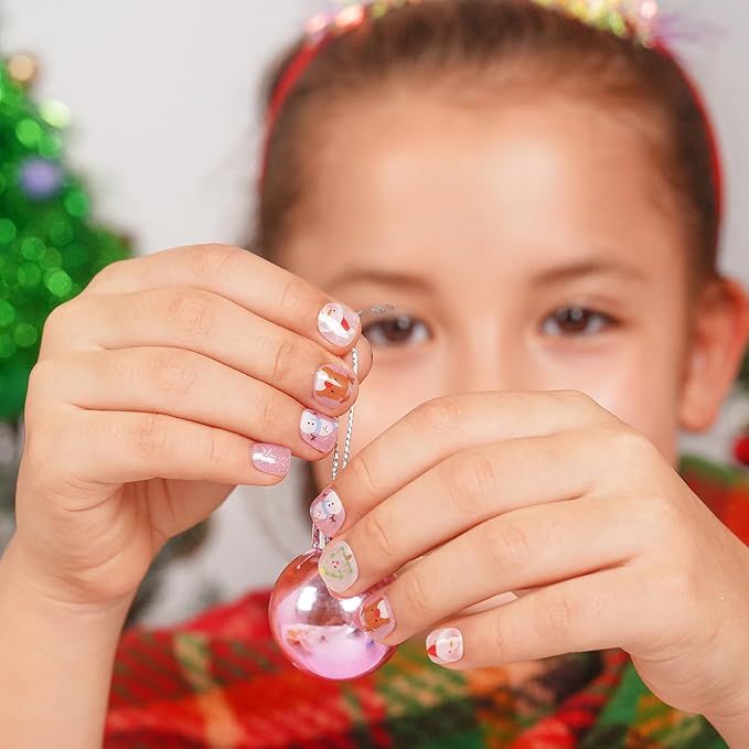 DANNI & TONI Kids Gel Nail Strips Christmas Tree Snowman Reindeer Santa Claus Shimmering Salon-Quality Peel & Stick Manicure for Children (Age 6+)– Safe, Long-Lasting, Easy to Apply | Whimsical Winter