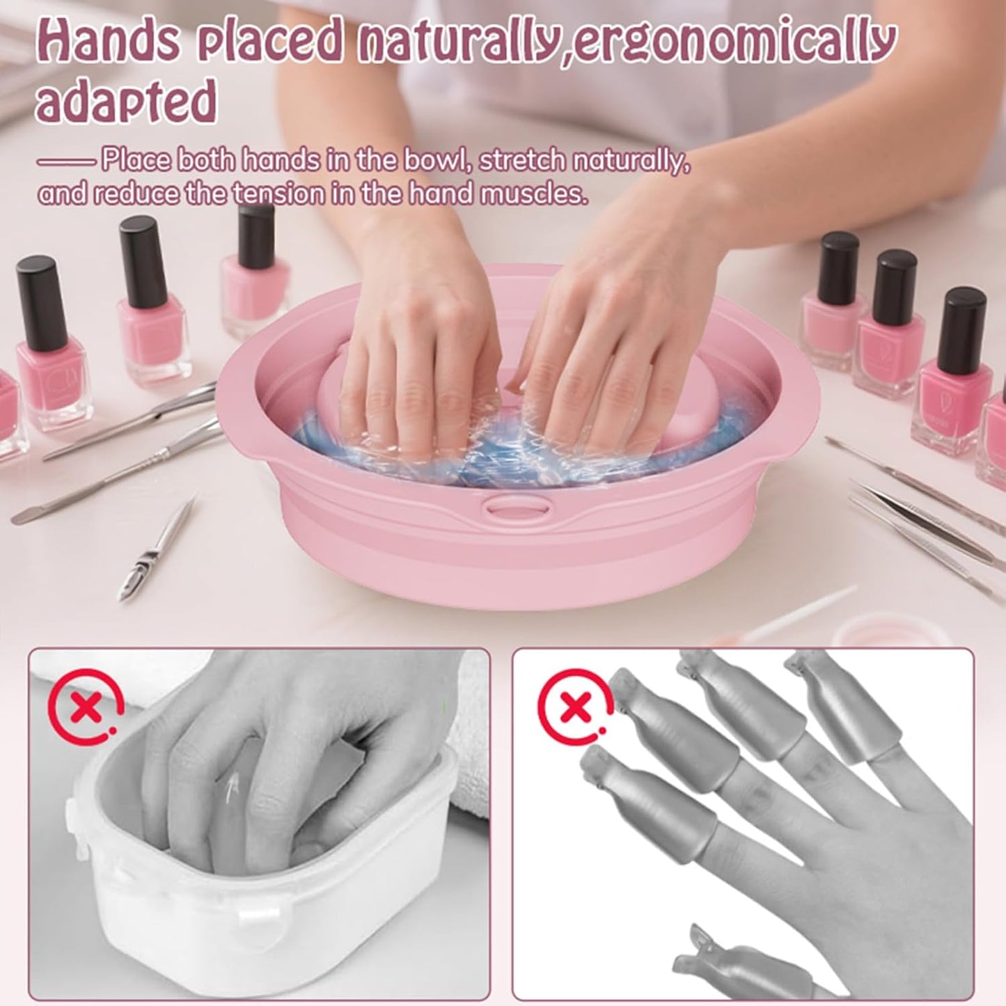 Nail Soaking Bowl, Silicone Foldable Soak Off Gel Polish Dip Powder Manicure Remover Bowl, with Cuticle Pusher, Cuticle Peeler, Nail File