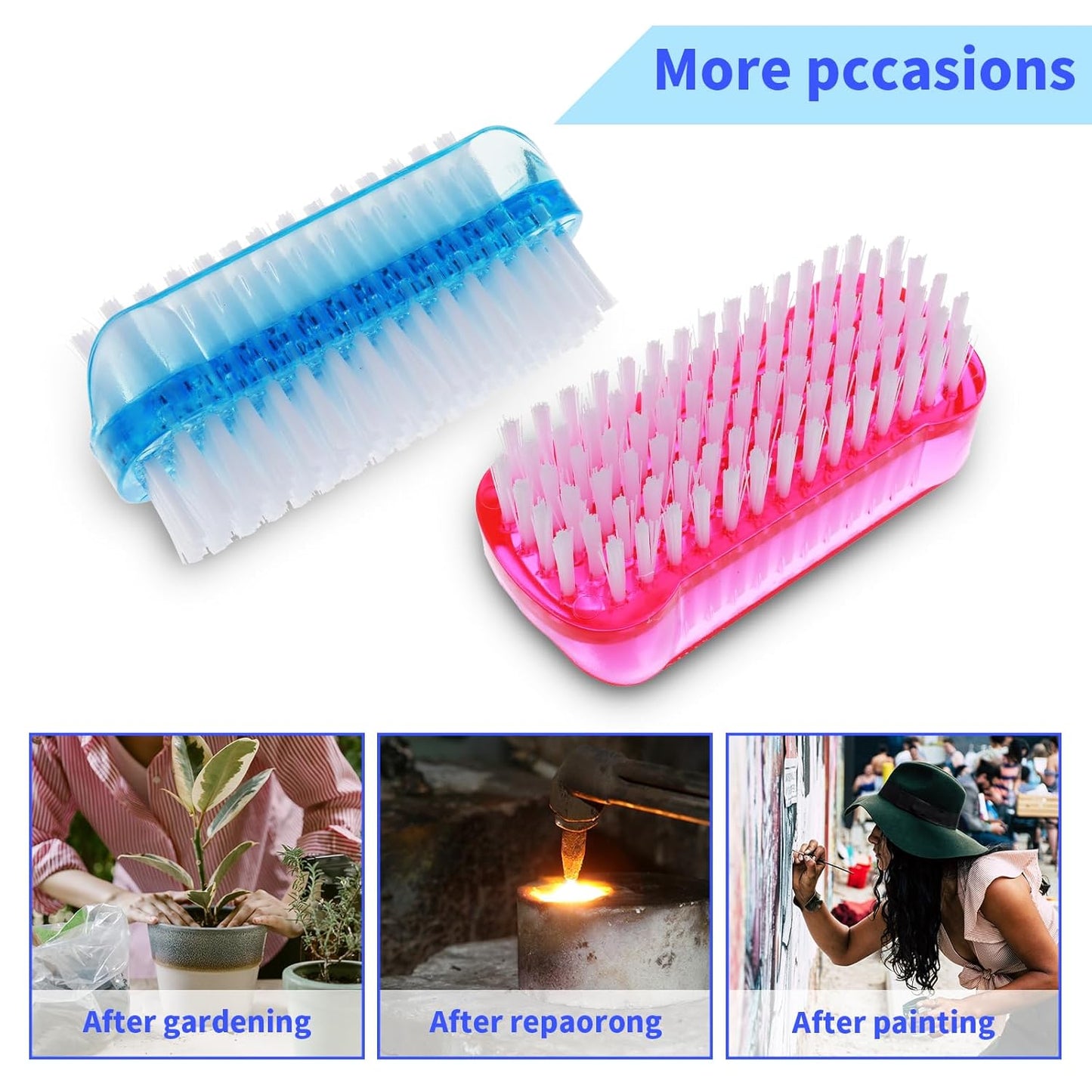 Nail Cleaning Brushes, Double Sided Nail Clean Up Brush with Nylon Stiff Bristles Fingernail Brush for Cleaning Cuticles Fingernails Toes Nail Hand Scrub Brush for Men Women, 2 Pcs(Red, Blue)