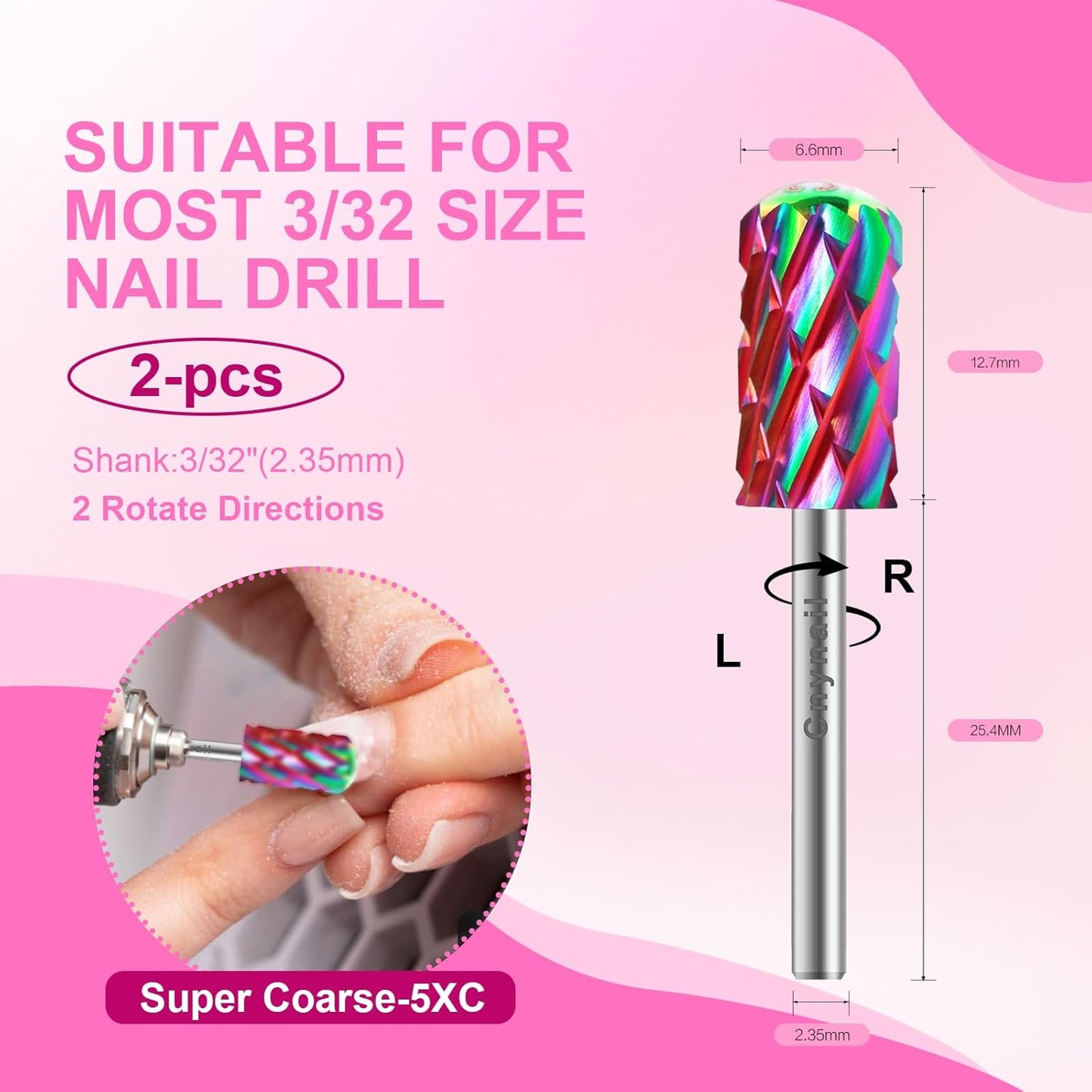 3/32" 2PCS Large Barrel Smooth Round Top Tungsten Carbide Nail Drill Bit Safety for Gel & Acrylic Removal, Right Way Rotating Efile Tip, Salon Electric File Accessory (5XC Grit, Multicolor)