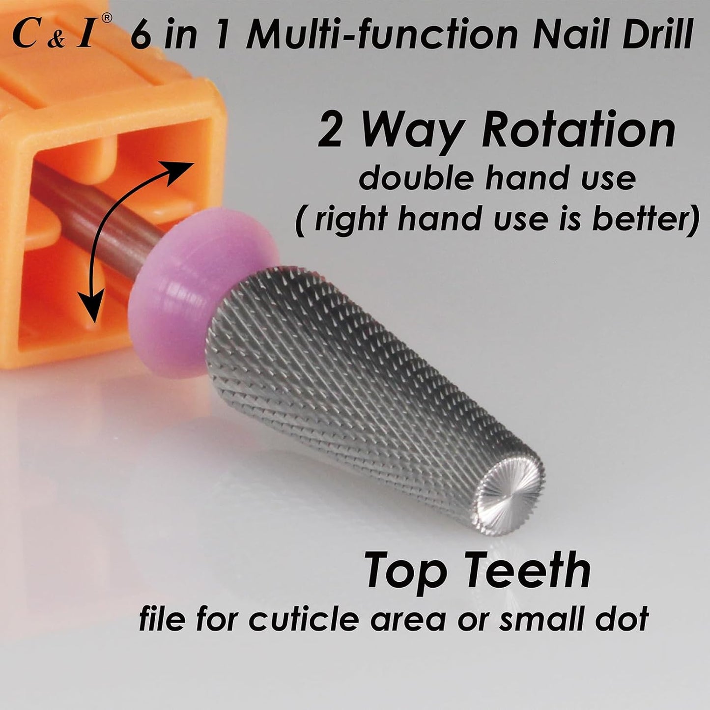 C & I Nail Drill Bit 6 in 1 Multi-function Rounded End E File, Tungsten Steel CNC Overall Cutting, Manicure Tool for Nail Tech Quick Remove Nail Gels, Acrylic Nails (Original, Double Fine -XXF)