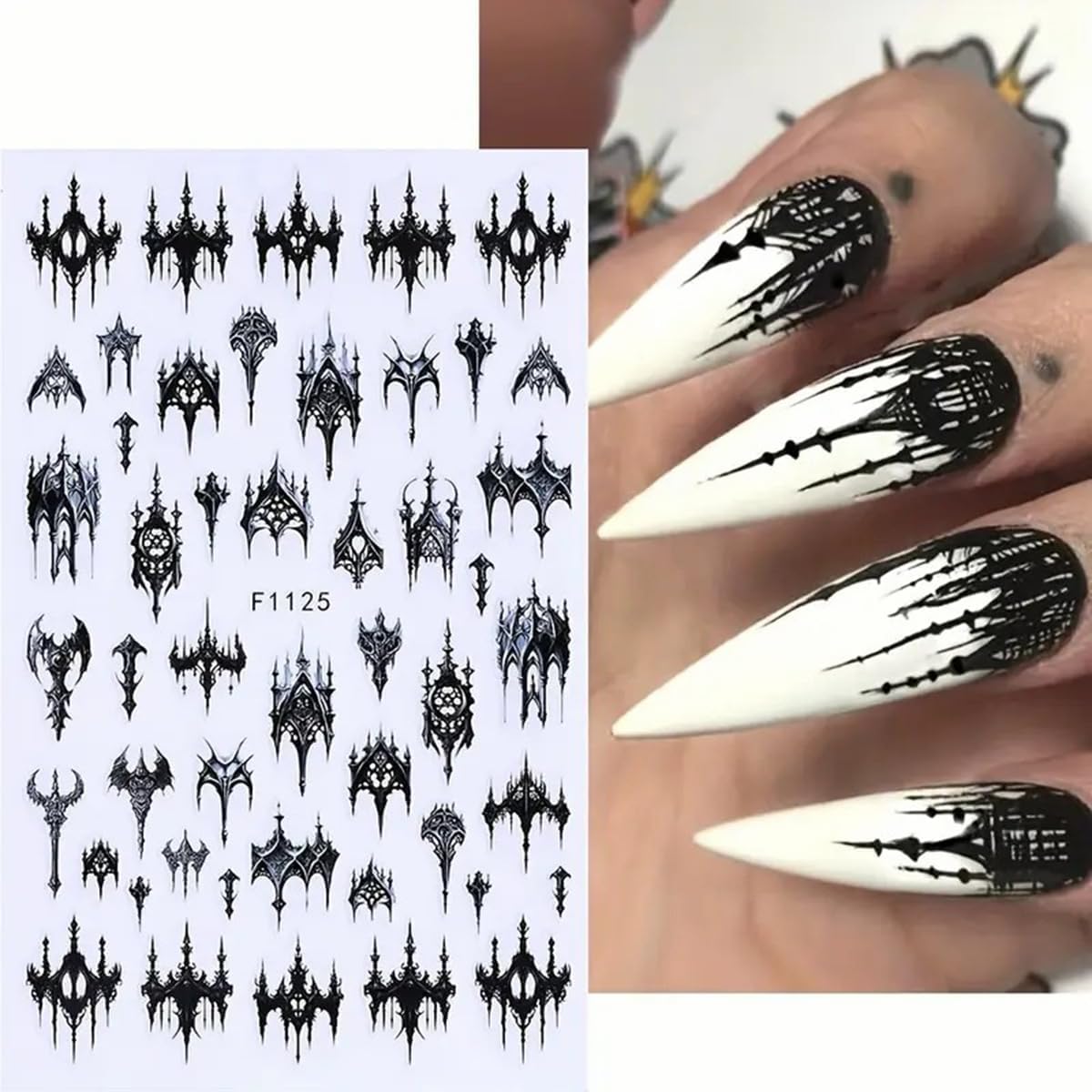 Halloween Nail Art Stickers Decals 3D Gothic Nail Stickers 6PCS Black Skulls Bat Gothic Architecture Design Self-Adhesive Nail Decals Y2K Manicure Accessories for Women Holiday Nail Art Decorations