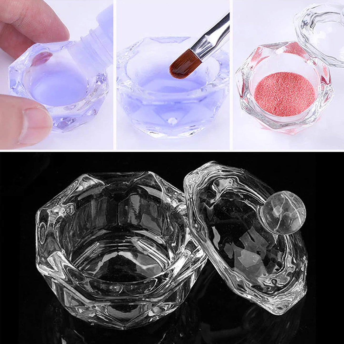 Karlash Nail Art Acrylic Liquid Powder Dappen Dish With Lid Clear Glass Crystal Cup Glassware Tools Glass Dappen Dish Nail Crystal Bowl Glass… (Pack of 2)